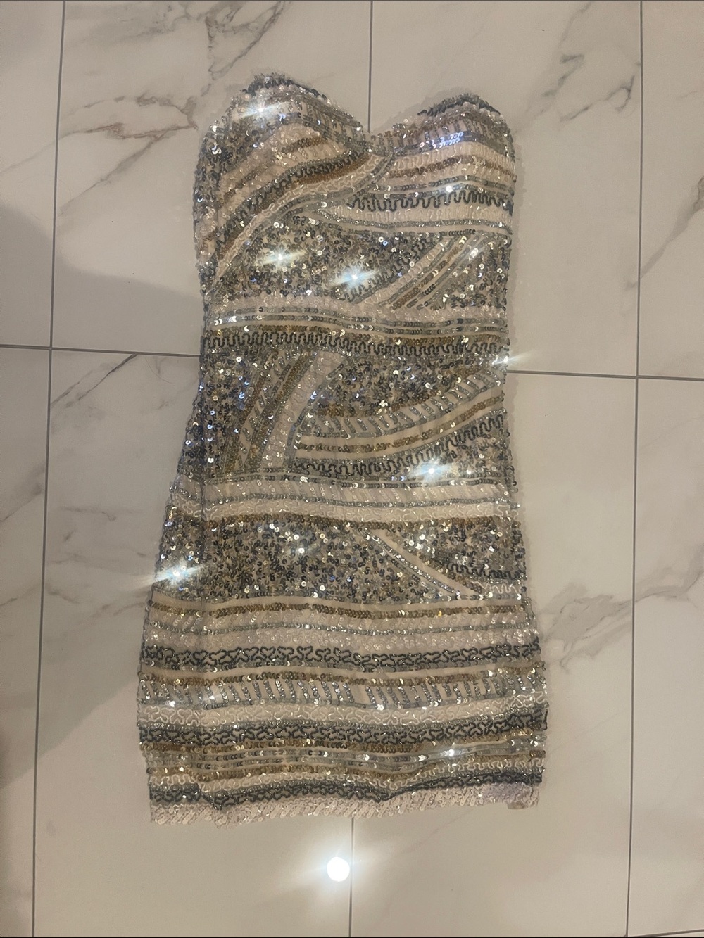 Scala Strapless Sequined Cocktail Dress in Silver & Cream size 2